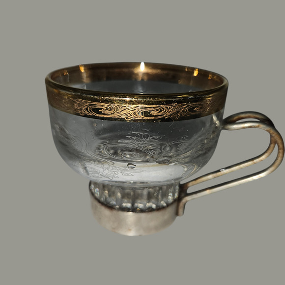 Vintage Etched Glass Cups w/ Metal Holders & Gold Rim Scroll Design Set of 5 - Picture 2 of 7